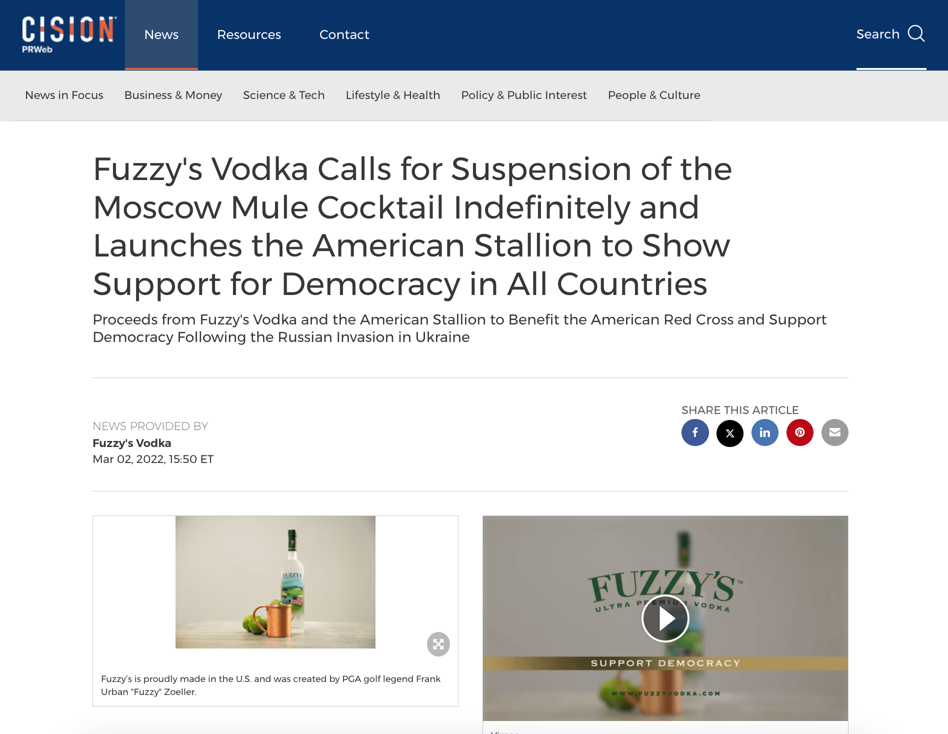 PRWEB headline about Fuzzy's Vodka that reads: Fuzzy's Vodka calls for suspension of the Moscow mule cocktail indefinitely and launches the American Stallion to show support for democracy in all Countries